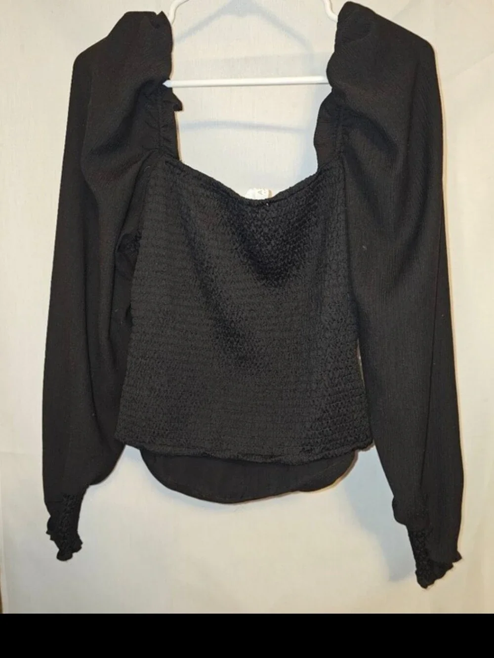 Astr The Label Black Puff Sleeve Square Neck  Smocked Ruched  Size M